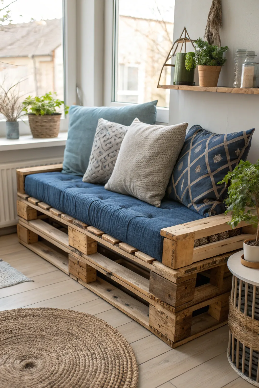 Transform your space with this cozy pallet sofa—where comfort meets craftsmanship in style.
