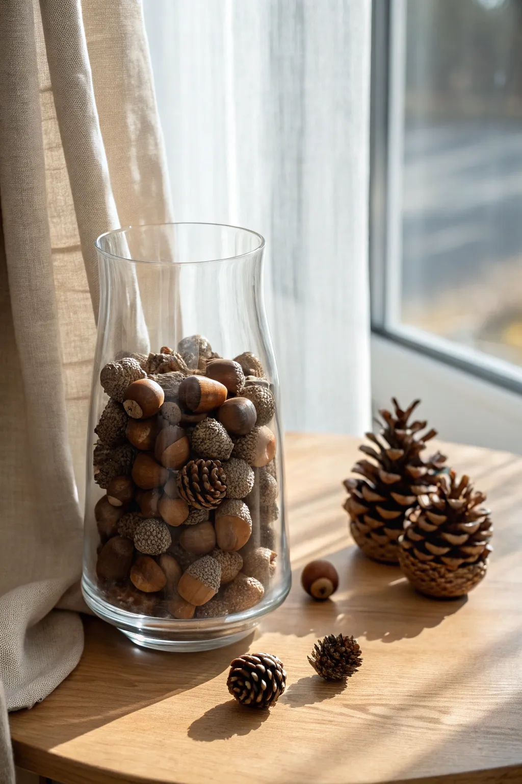 Transform your space with the rustic charm of acorn and pinecone vase fillers—perfect for a minimalist fall aesthetic.