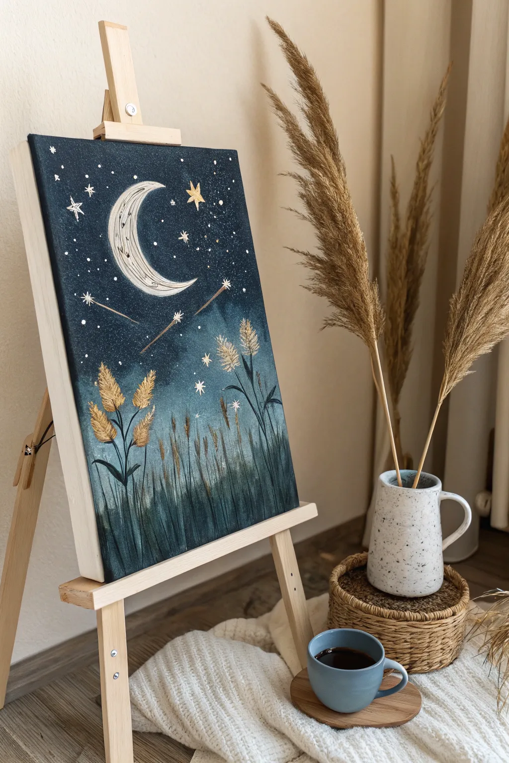 Transform the classic starry night into a whimsical masterpiece with charming details. Perfect for minimalist and Boho decor lovers!