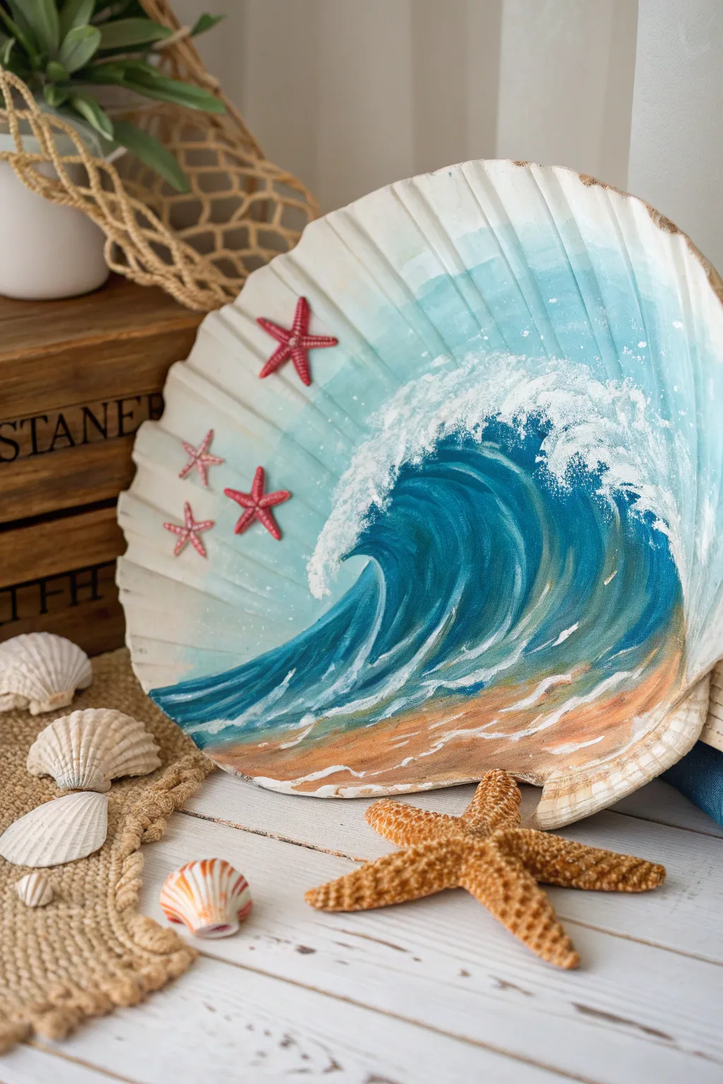 Dive into serenity with this stunning seashell art, where ocean waves meet starfish elegance. 🌊⭐ #OceanArt #ScandiBoho