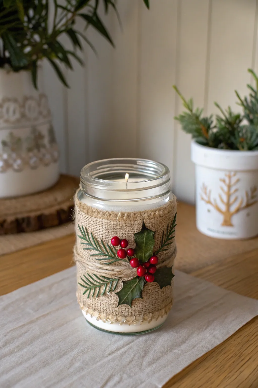 Elevate your holiday decor with these charming burlap-wrapped candle holders, perfect for a cozy and festive touch.