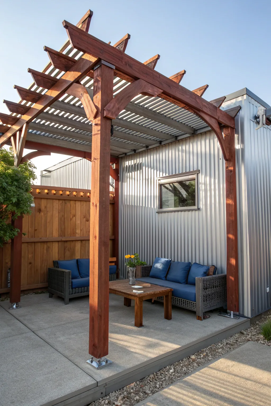 Transform your shed into a stylish retreat with a bold, handcrafted pergola. #Craftsmanship #OutdoorLiving