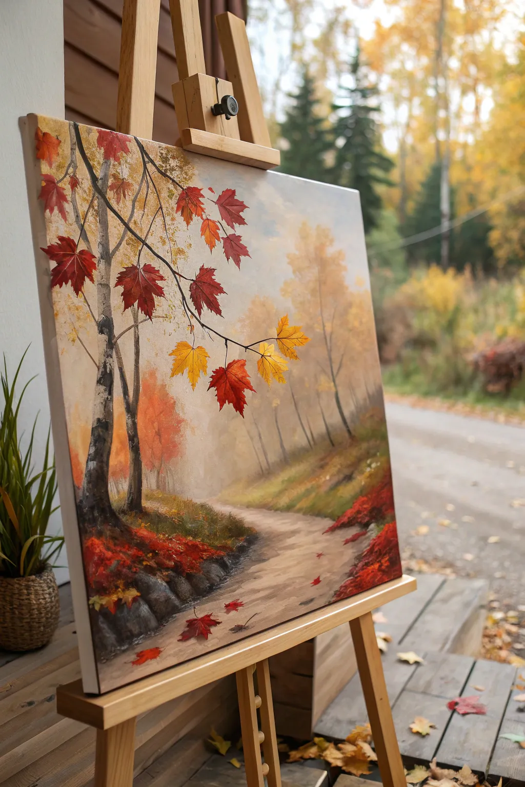 Embrace the cozy charm of autumn with this enchanting landscape painting.