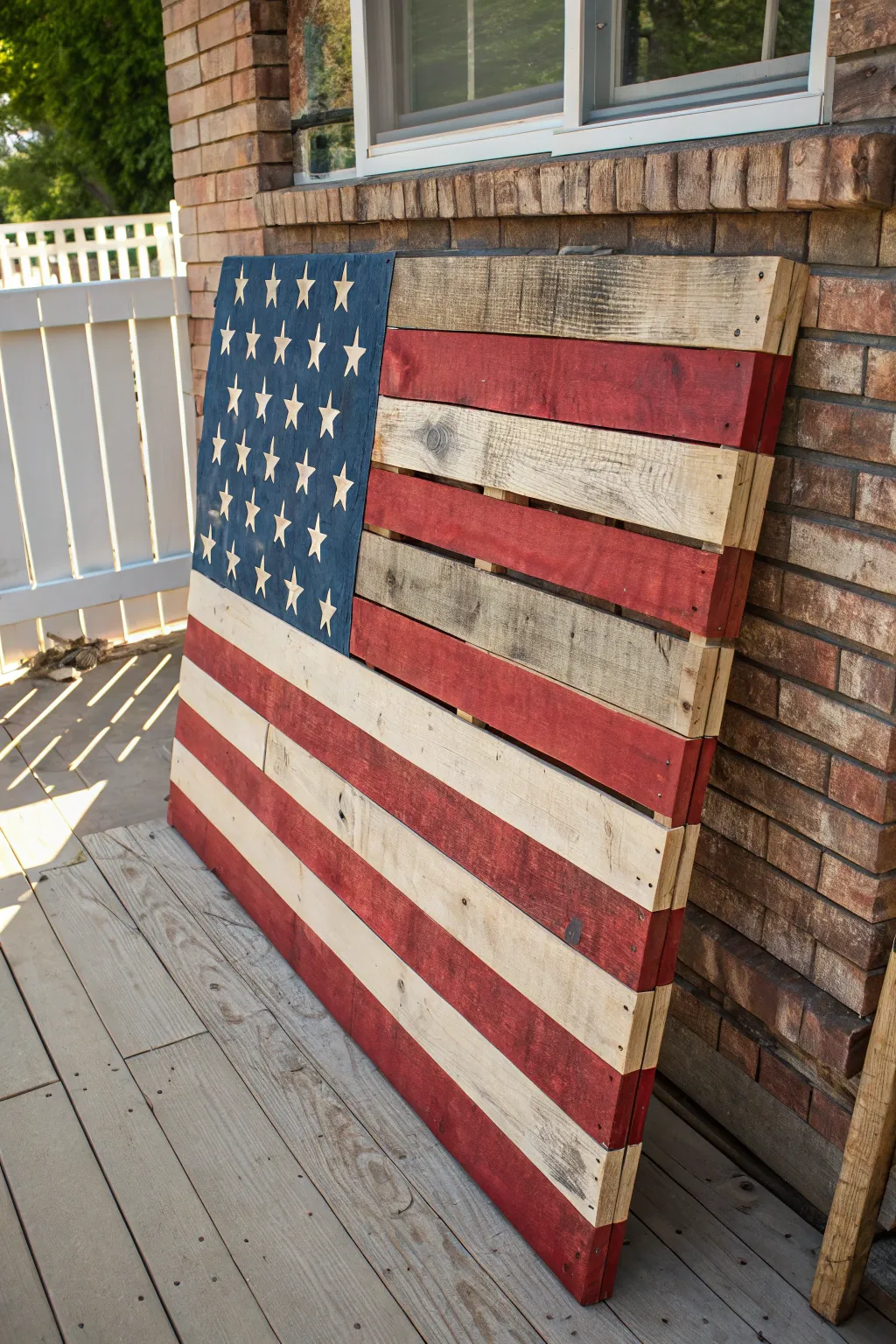 Crafted Heritage: Rustic American Flag Pallet Art for Your Patio Bliss.