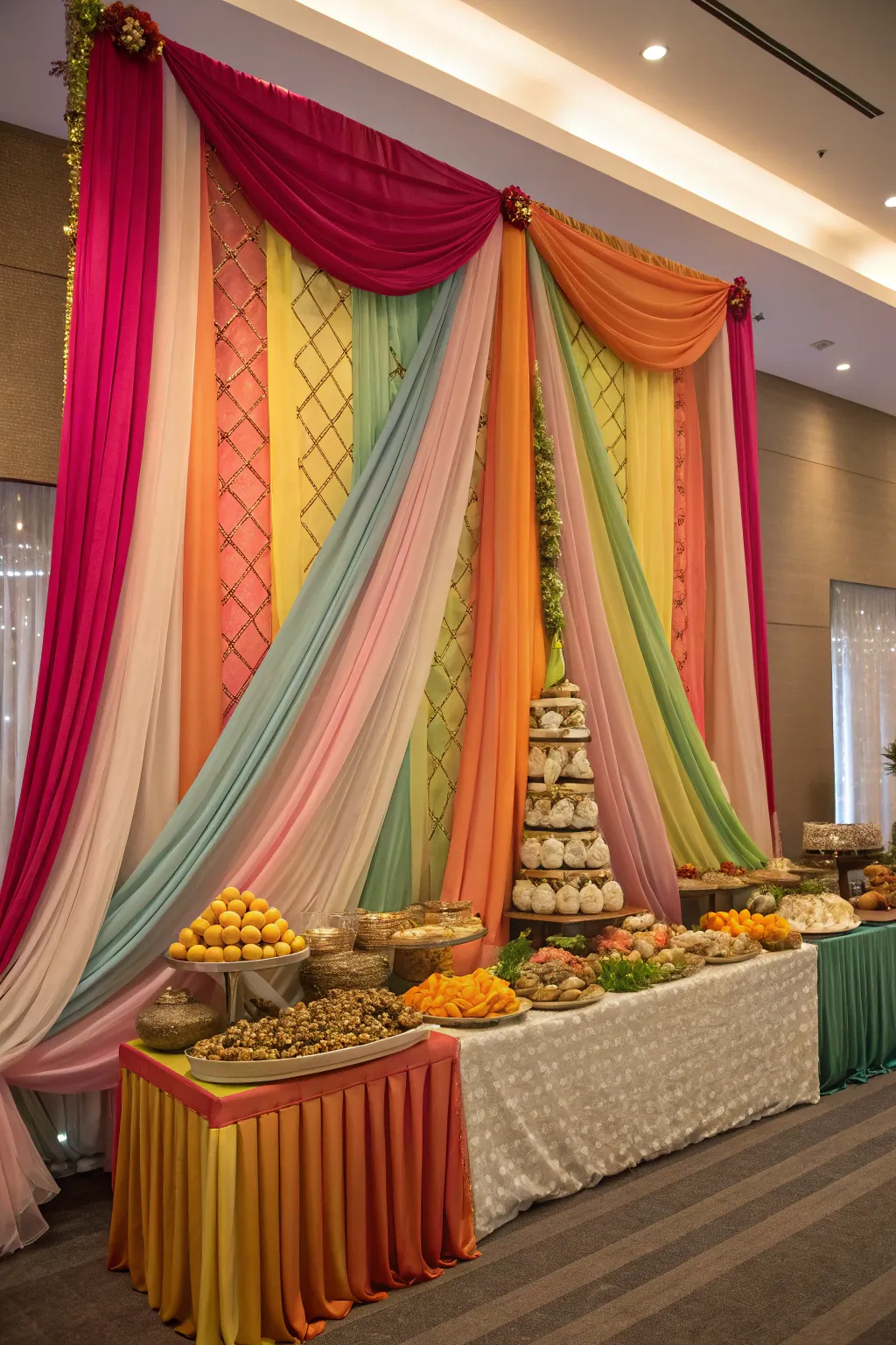 An eye-catching backdrop with vibrant drapes for the Annakut celebration.