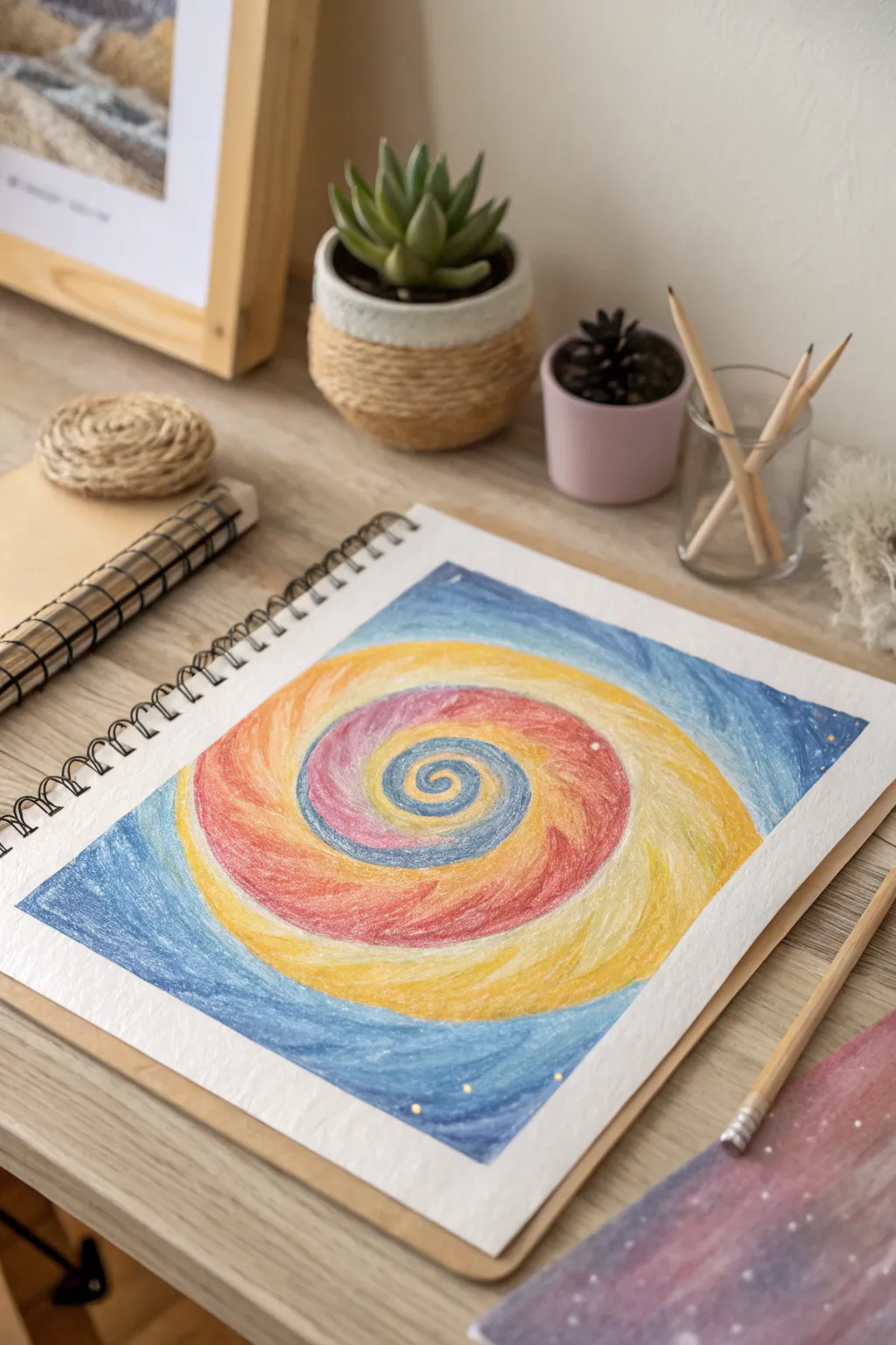 Unleash your creativity with dynamic spiral designs—where bold colors and simple elegance meet. #OilPastelArt #ScandiBoho
