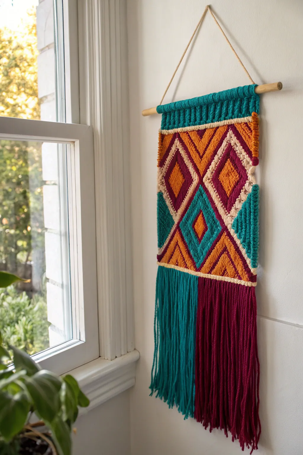 Brighten your space with an Aztec-inspired yarn masterpiece that blends bold colors with minimalist charm.