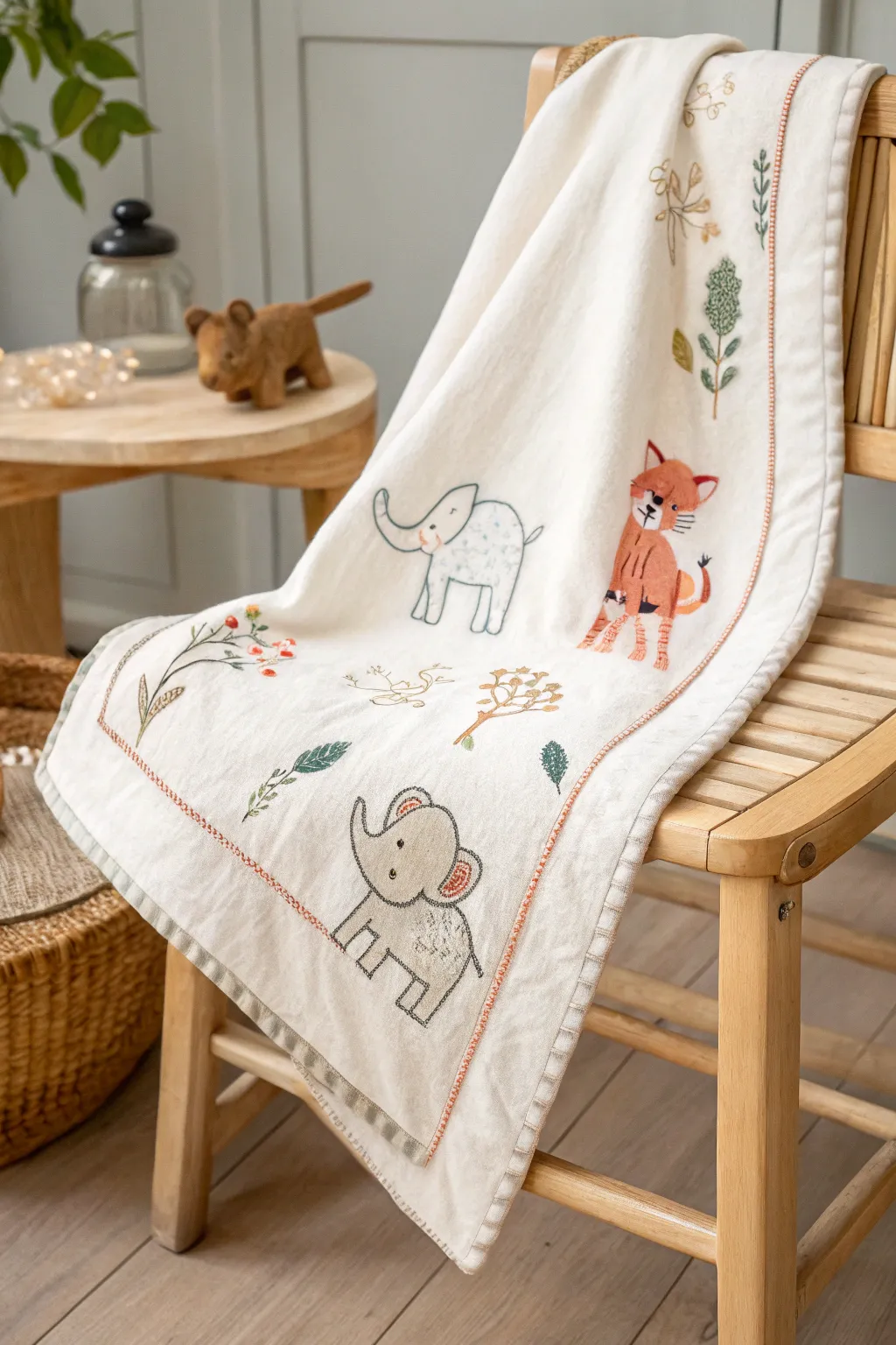 Cuddle up with charming animal friends on this handcrafted baby blanket, where simplicity meets playful elegance.