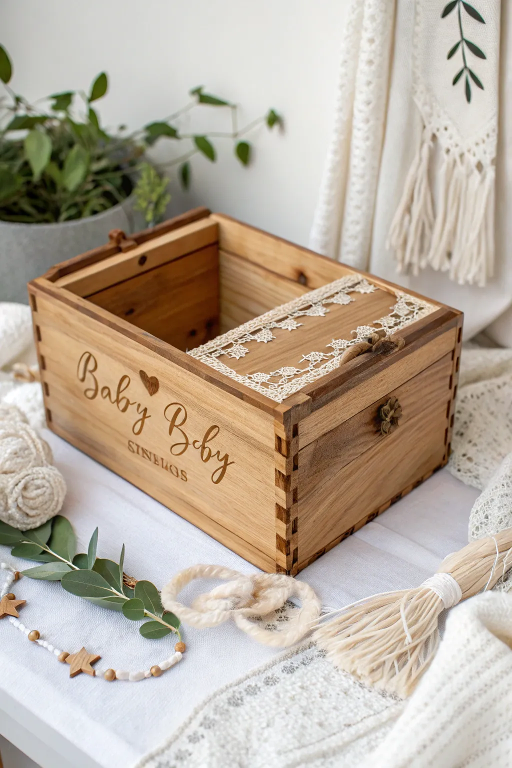 Embrace the charm of simplicity with this rustic wooden baby box, perfect for a memorable baby shower gift.