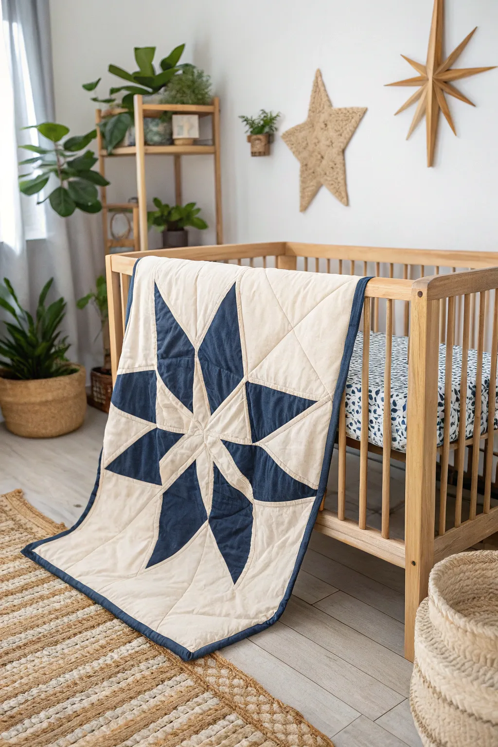 Capture the magic of a Starry Night with this stunning giant star quilt, perfect for a serene and stylish nursery.