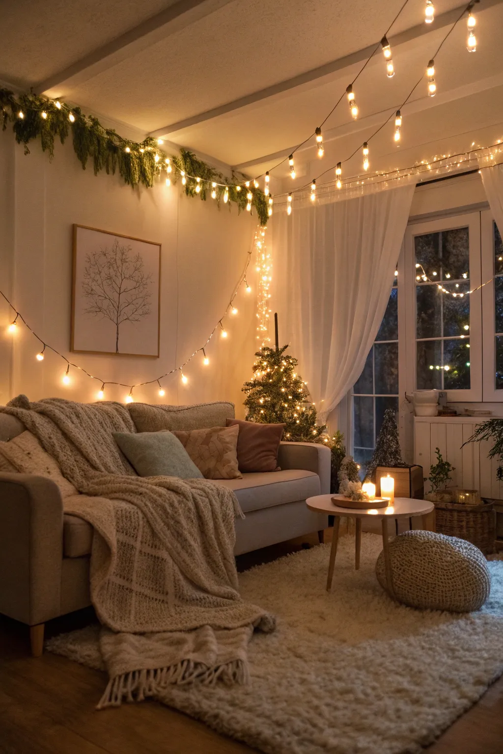 A cozy backdrop illuminated by twinkling fairy lights.