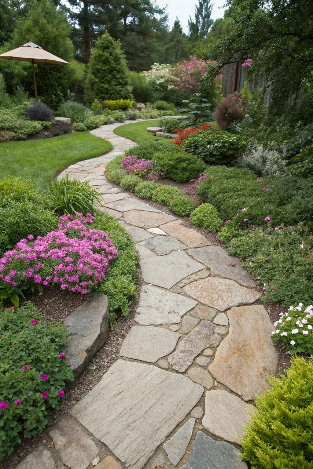 Embrace the charm of nature with a stunning flagstone walkway that effortlessly blends into your garden oasis.