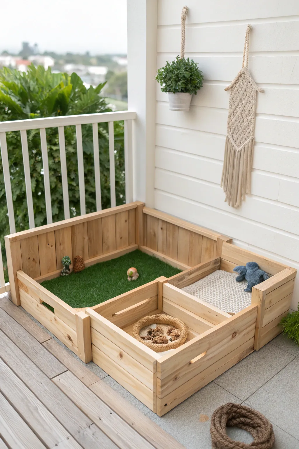 Transform your balcony into a chic, organized space for your pup with a minimalist multi-section potty layout!