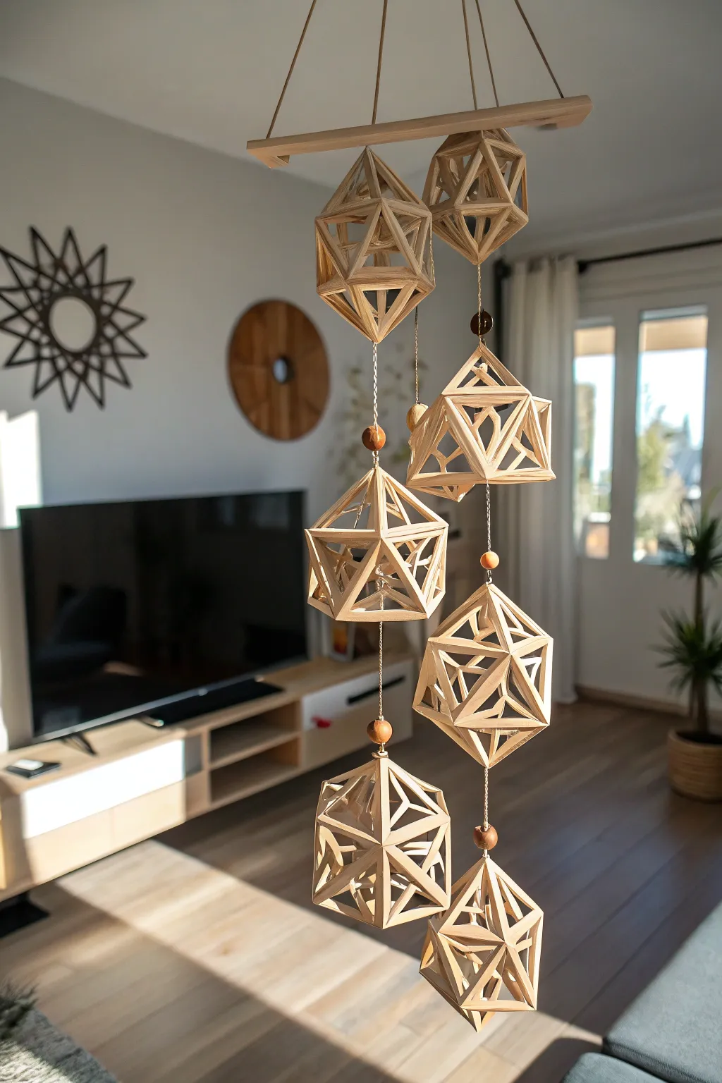 Elevate your space with the elegance of a handcrafted balsa wood mobile, where art meets movement.