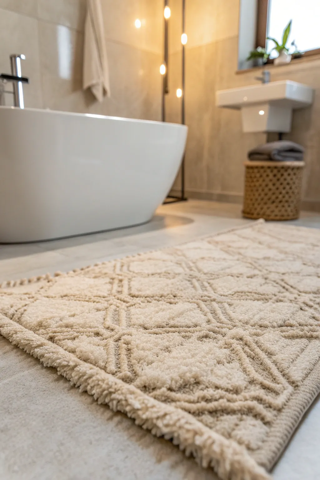 Textured neutrals create a serene and inviting atmosphere in your minimalist bathroom. 🌿