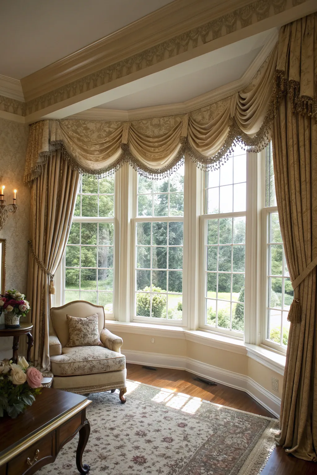Classic board-mounted swag valances in a traditional living room.