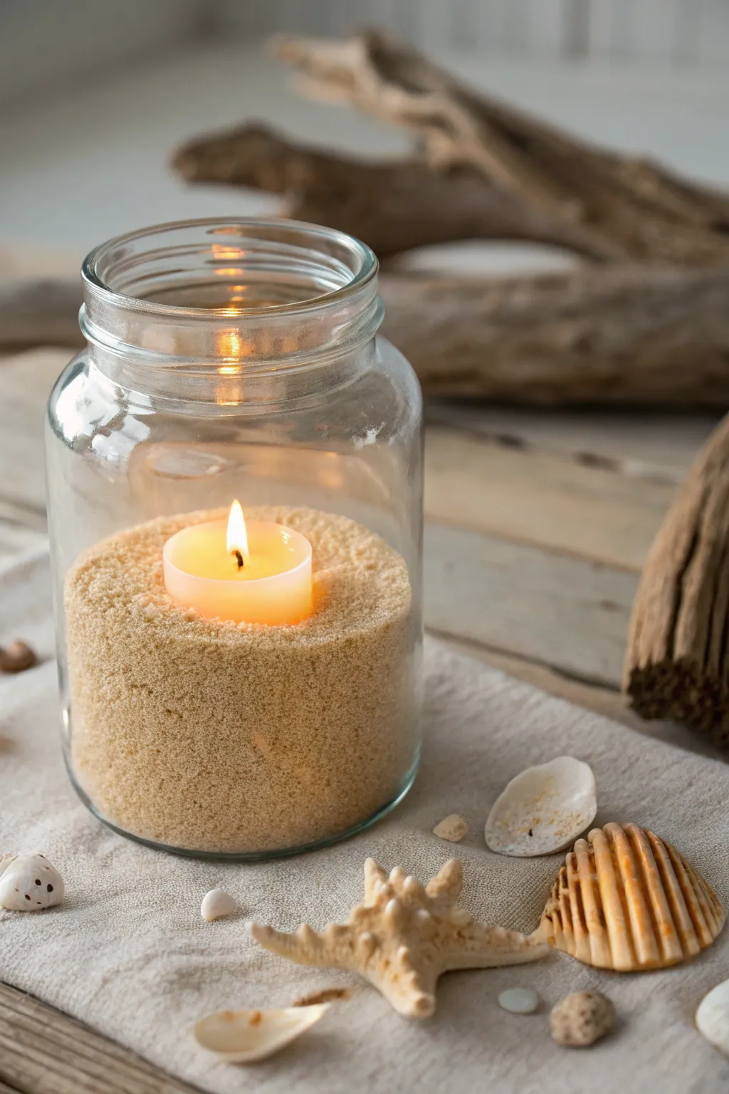 Capture the essence of a serene beach evening with these charming sand-filled luminaries.