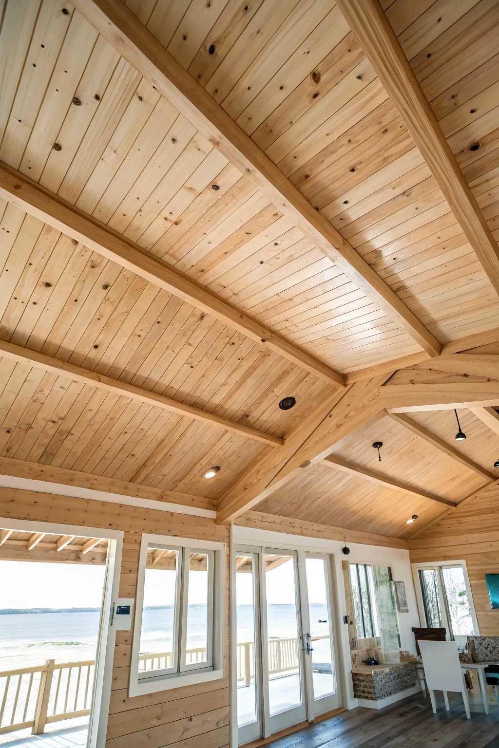 Natural wood panels add warmth and texture to the ceiling.