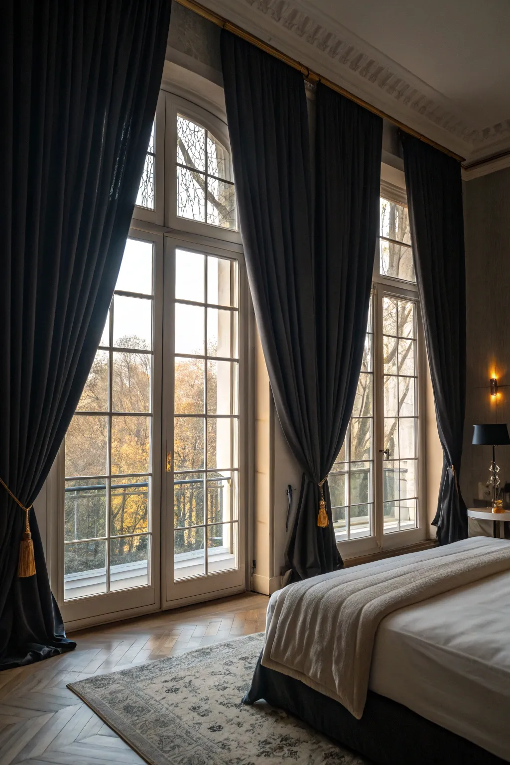 Natural light streaming through a bedroom with elegant black curtains.