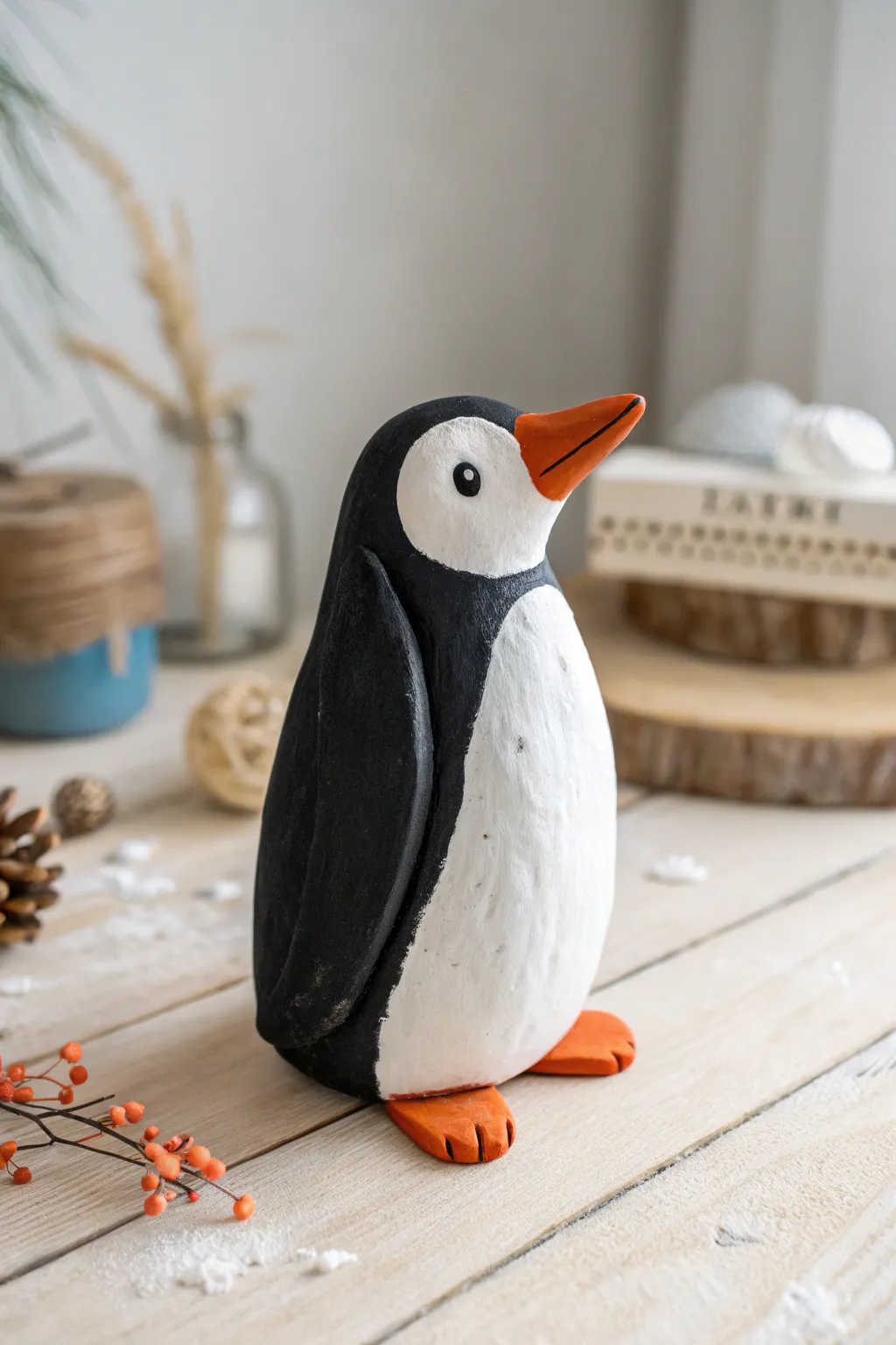 Playful Penguin: A charming clay companion for your desk, blending minimalist elegance with a touch of whimsy.