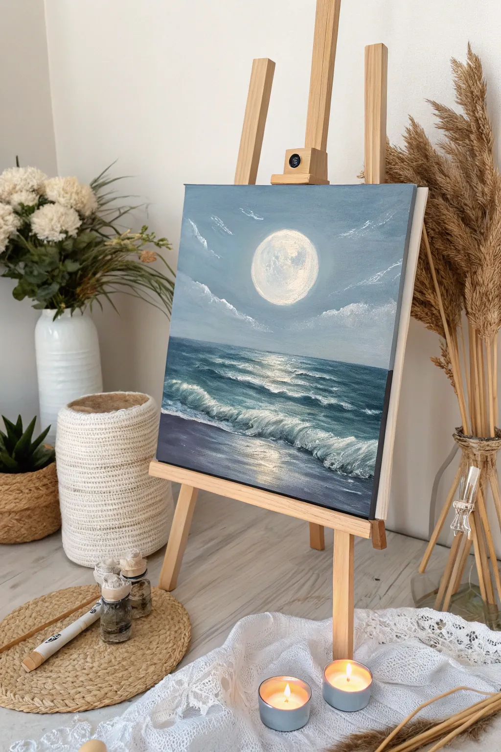 Capture the tranquility of a moonlit ocean with simple strokes and a touch of texture.