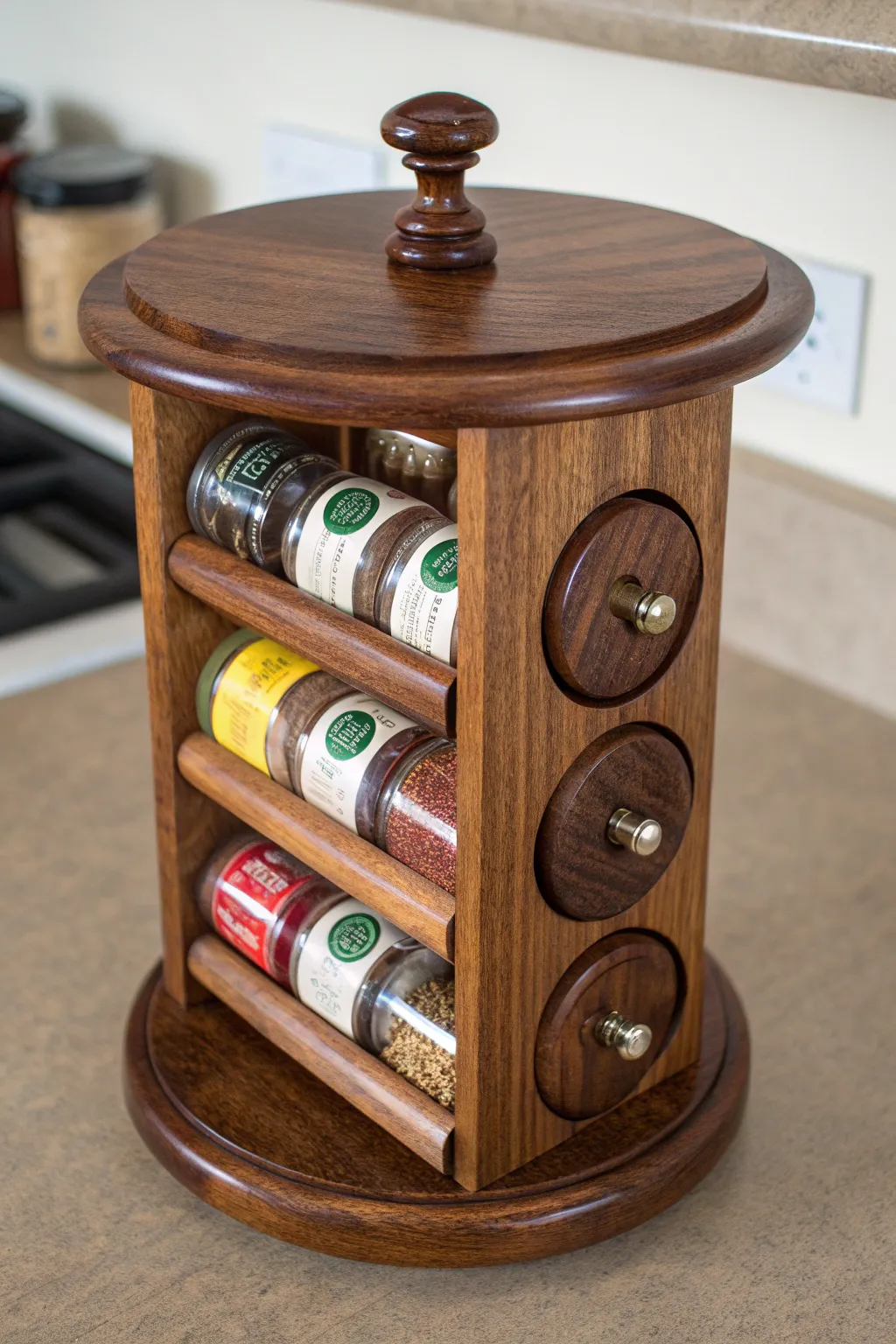 Elevate your kitchen with this handcrafted rotating spice rack, where functionality meets artistry.