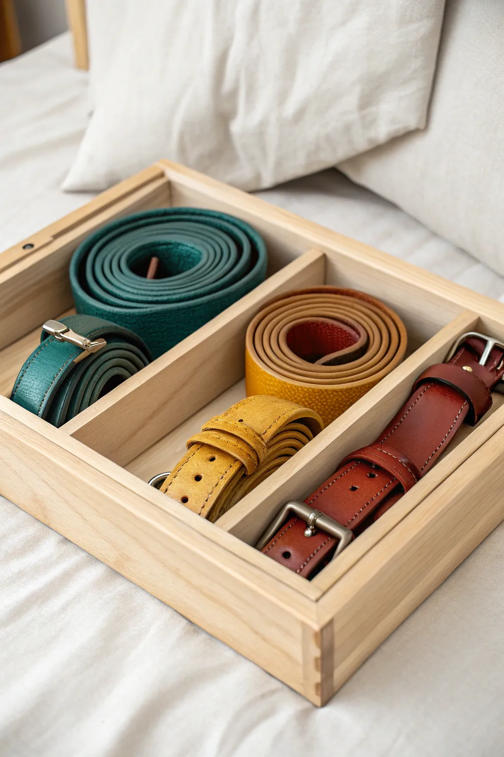 Organize with Elegance: Discover the simplicity of Scandinavian design with our bold, colorful belt drawer insert.