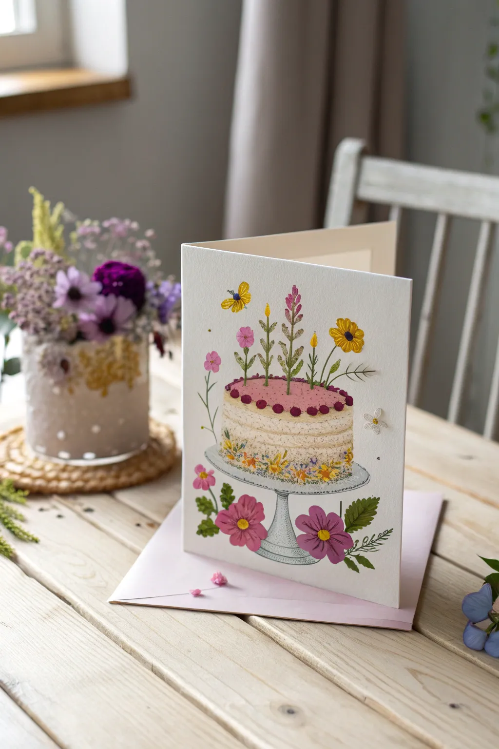 Whimsical floral accents transform a simple card into a birthday delight.