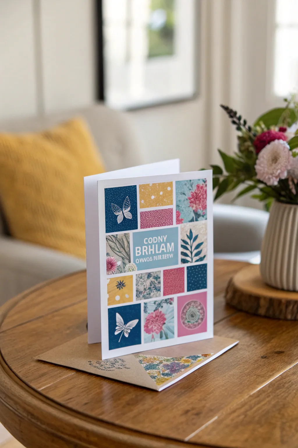 Craft a heartfelt message with a vibrant collage card, blending simplicity and natural beauty.