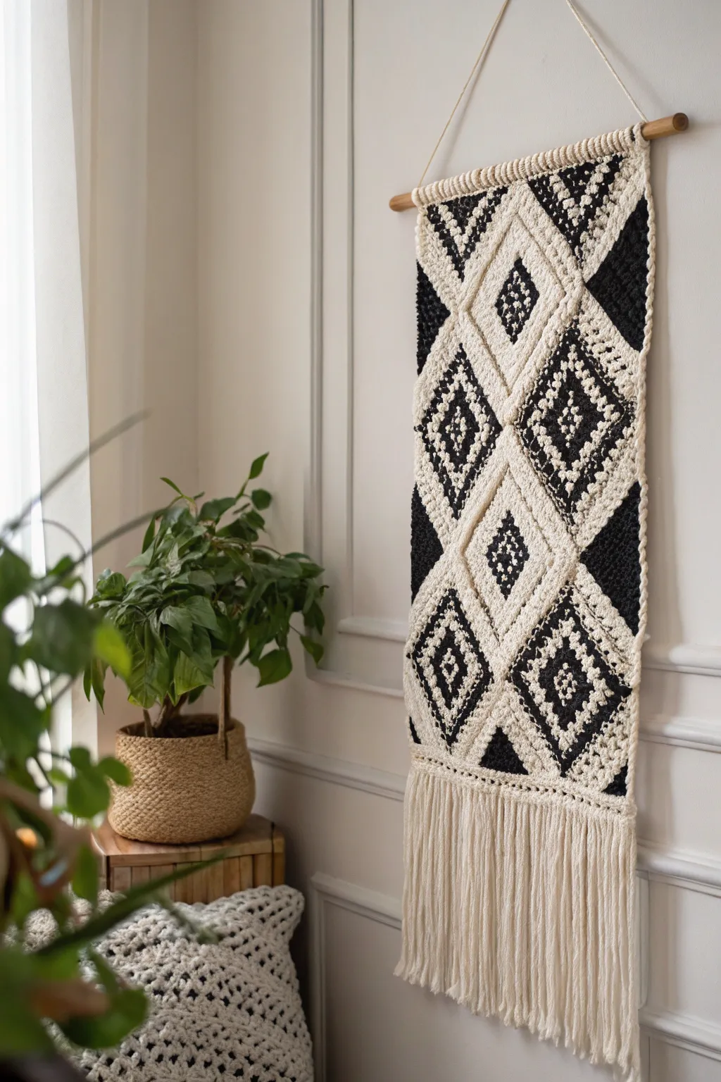 Elevate your space with the timeless charm of black and white crochet art.
