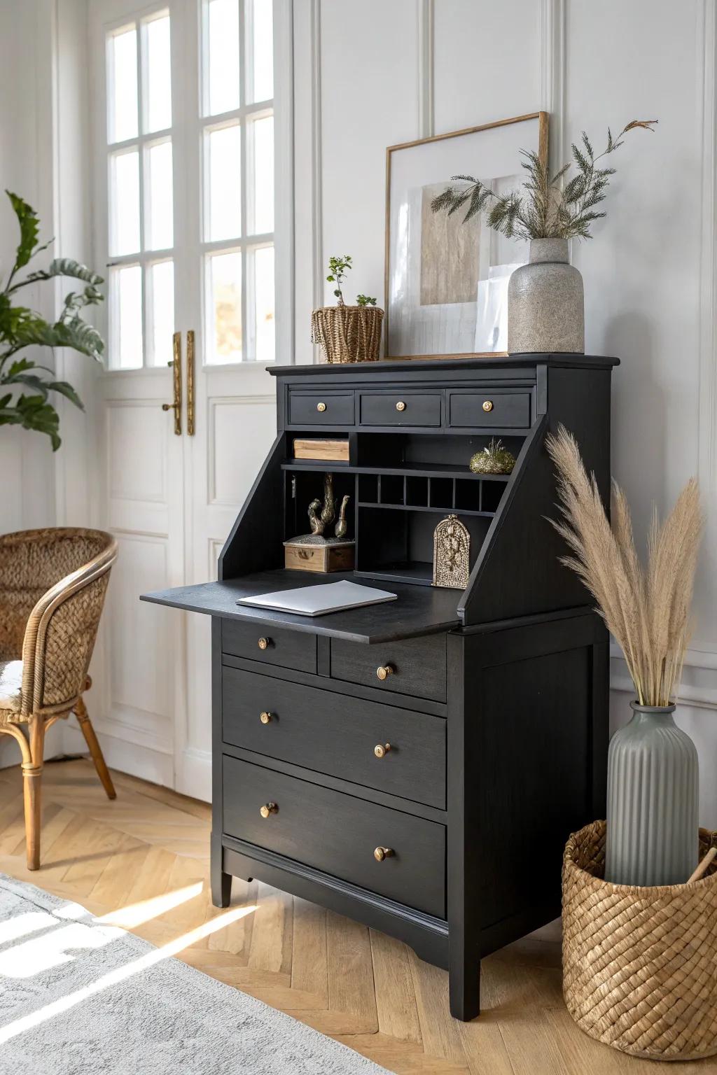 Transforming thrift to treasure: This black chalk-painted desk epitomizes modern elegance and functionality.