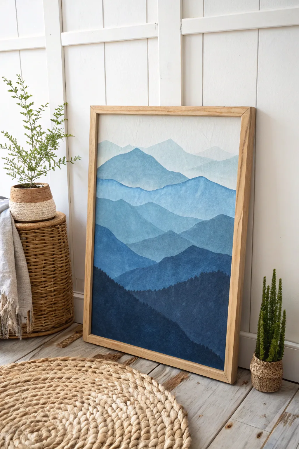 Embrace the serenity of the mountains with this minimalist blue silhouette painting.