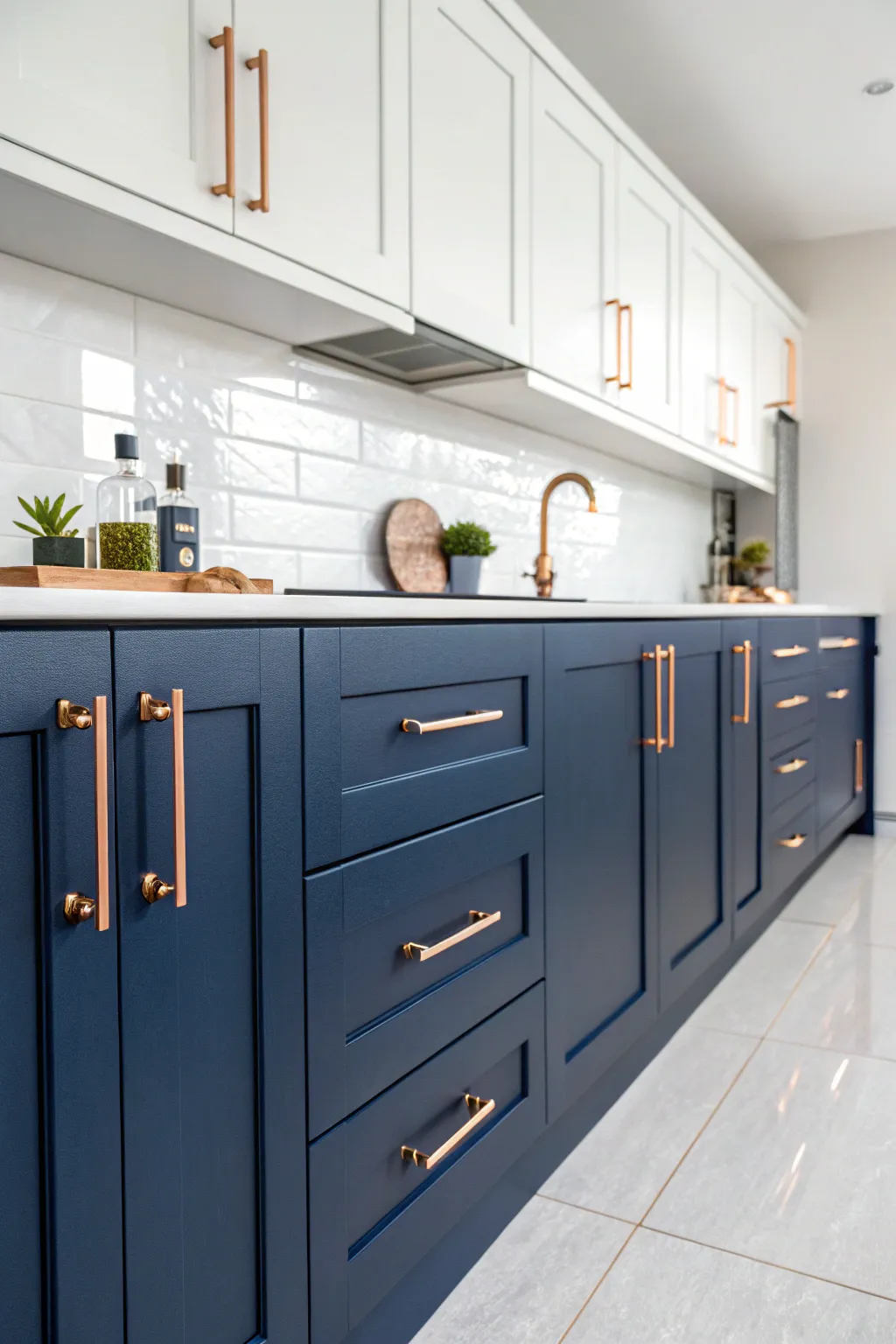 Navy cabinets adding drama and style to the kitchen.