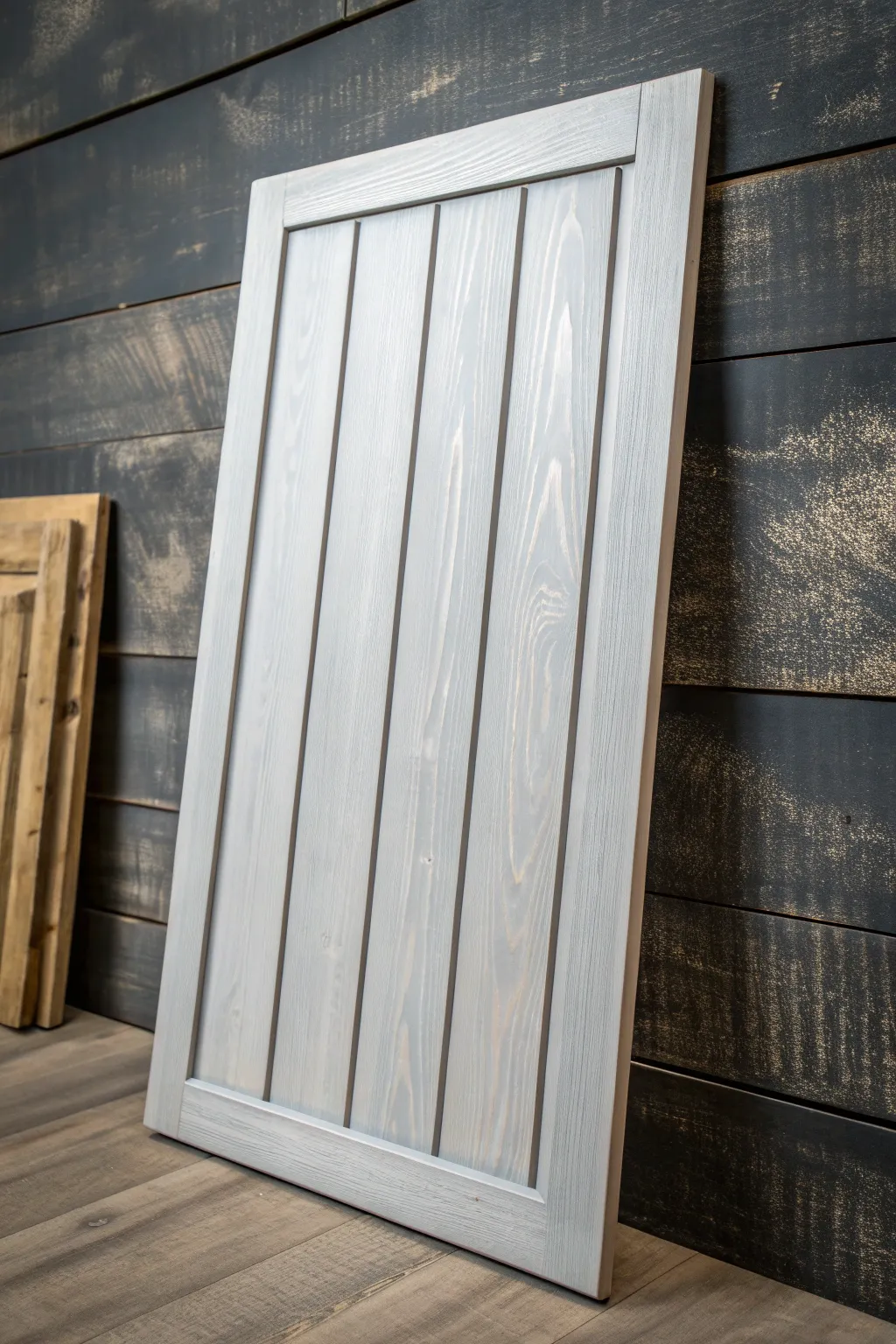 Embrace modern serenity with soft light gray board and batten craftsmanship.