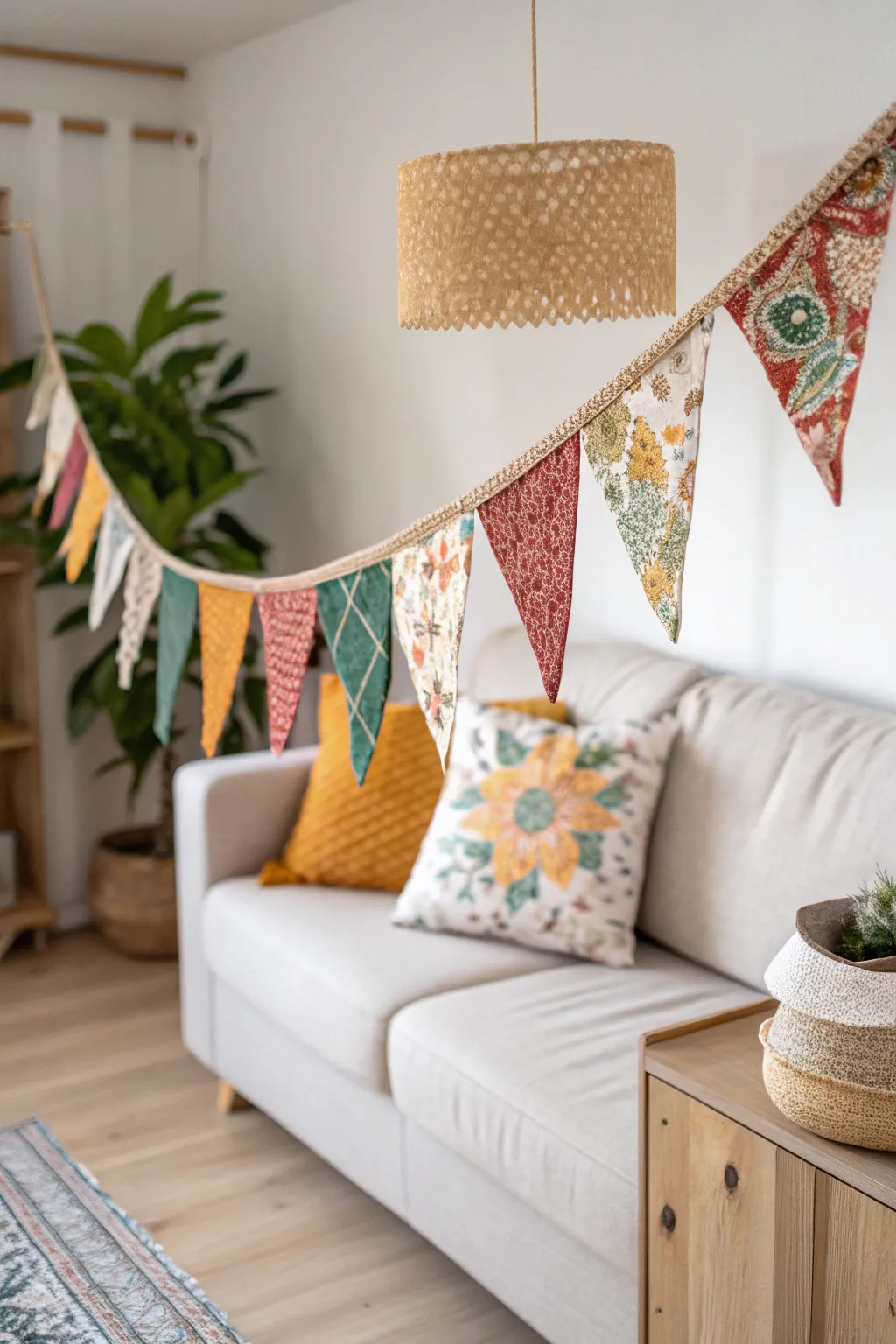 Add a splash of boho charm with this vibrant upcycled fabric banner, perfect for a cozy, minimalist living room.
