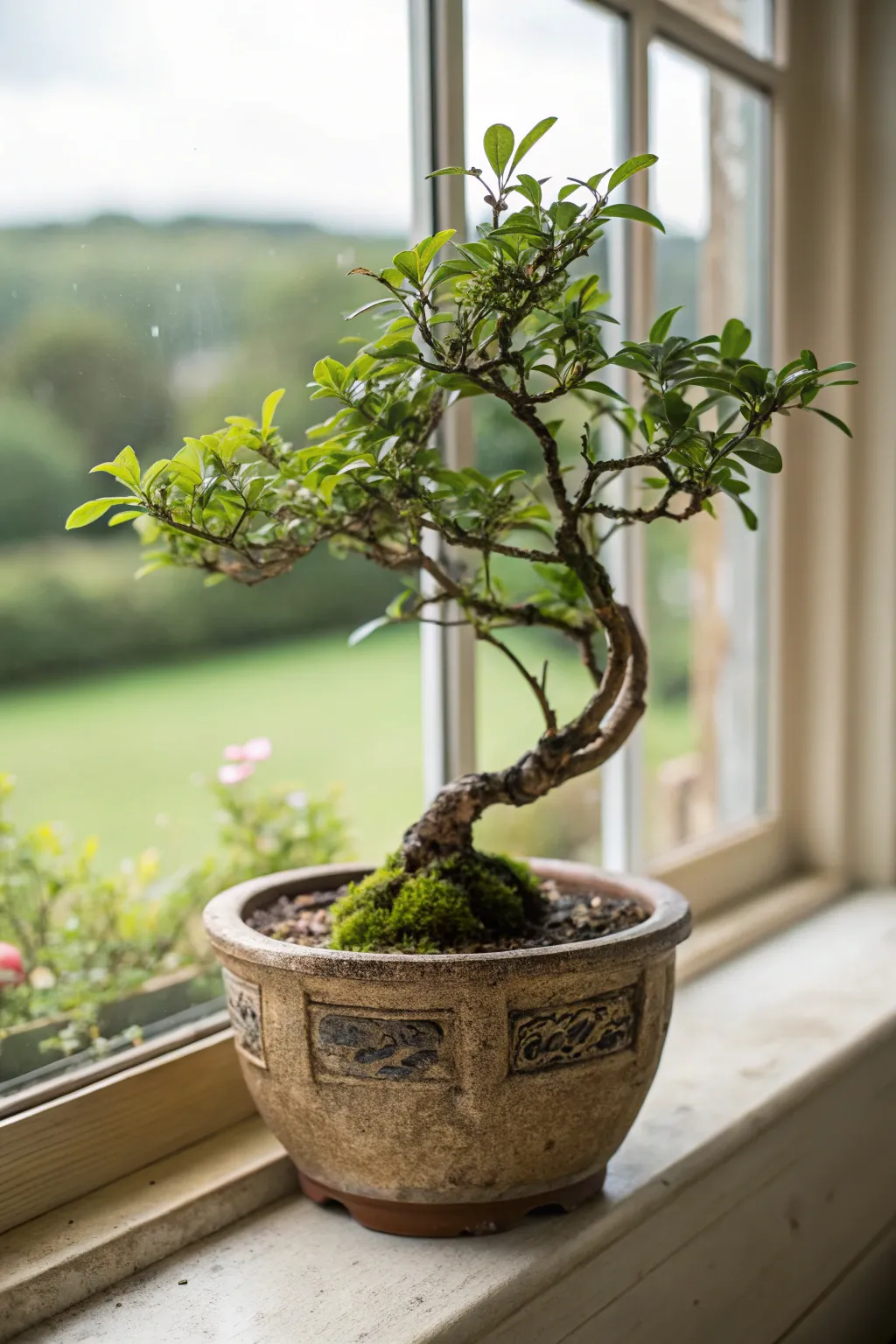 Bonsai in a unique pot enhancing its aesthetic appeal