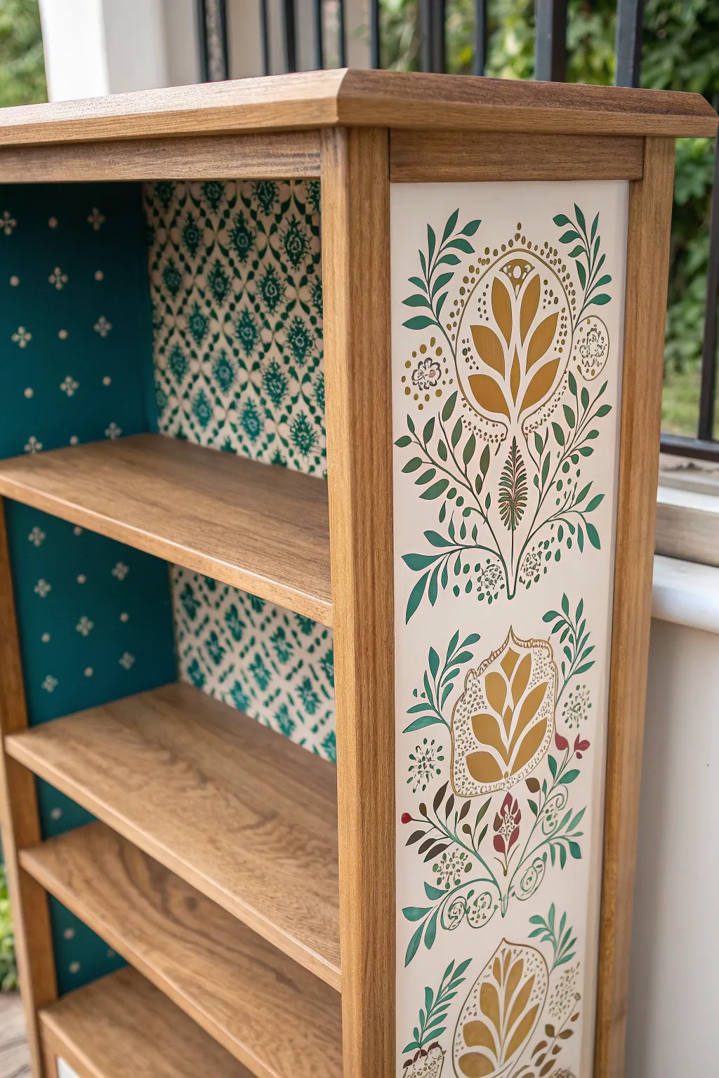 Elevate your bookcase with stunning stencil artistry that adds a personal touch and makes your shelves truly pop. 🌿✨