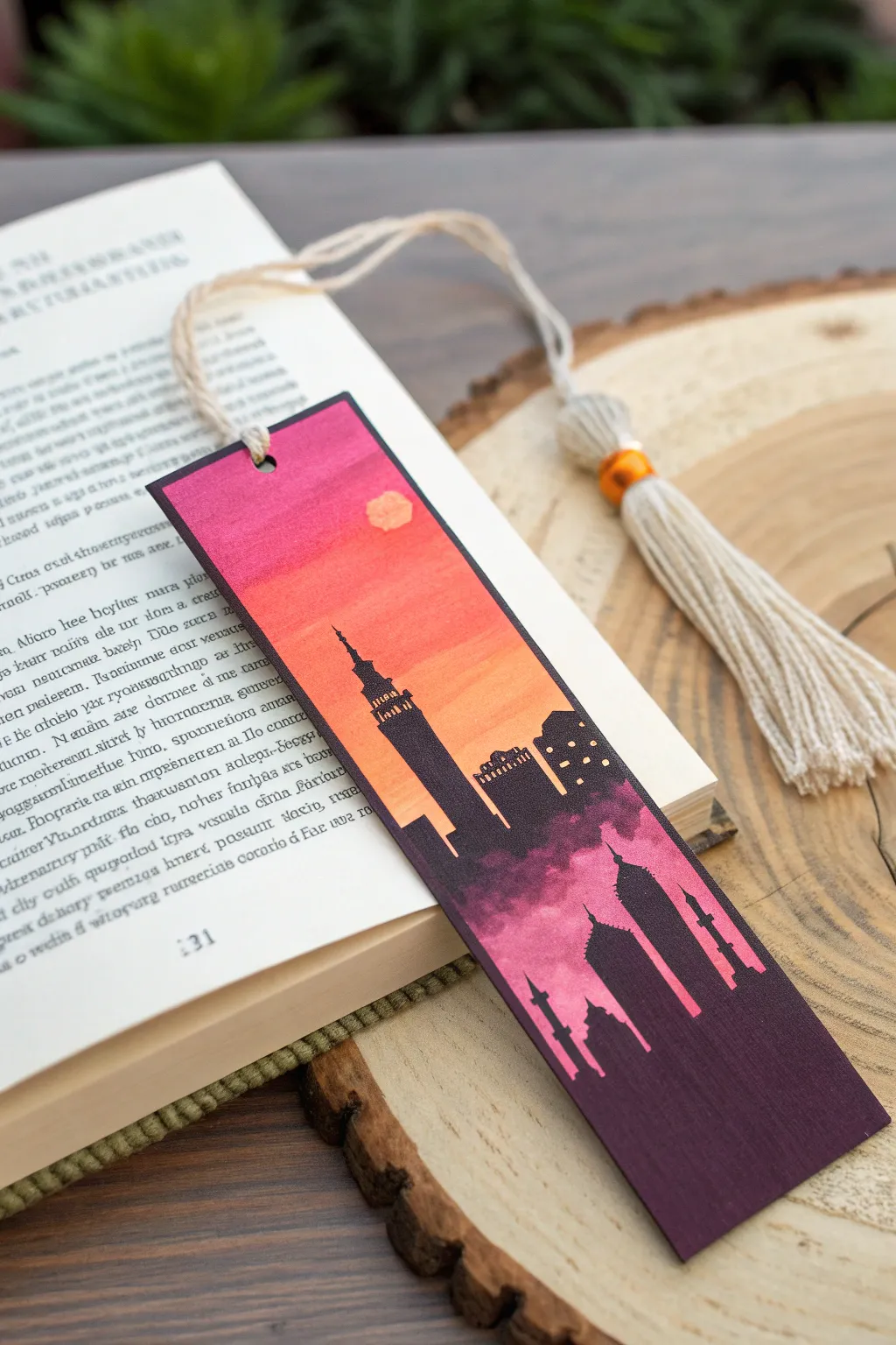 Capture the beauty of a sunset cityscape in artfully crafted bookmarks. A touch of elegance for your reading moments.