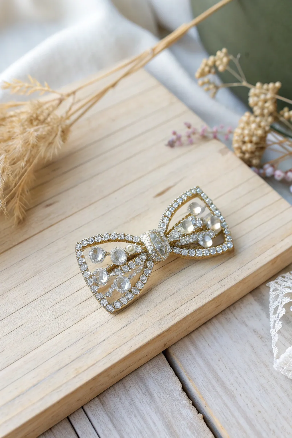 Add a touch of sparkle to your style with this exquisite crystal bow barrette.