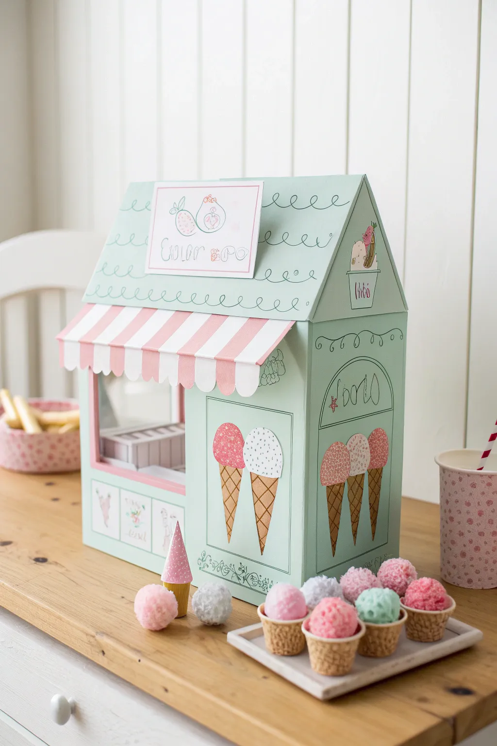 Transform a simple box into a whimsical ice cream shop, perfect for imaginative play and a charming addition to any minimalist space.