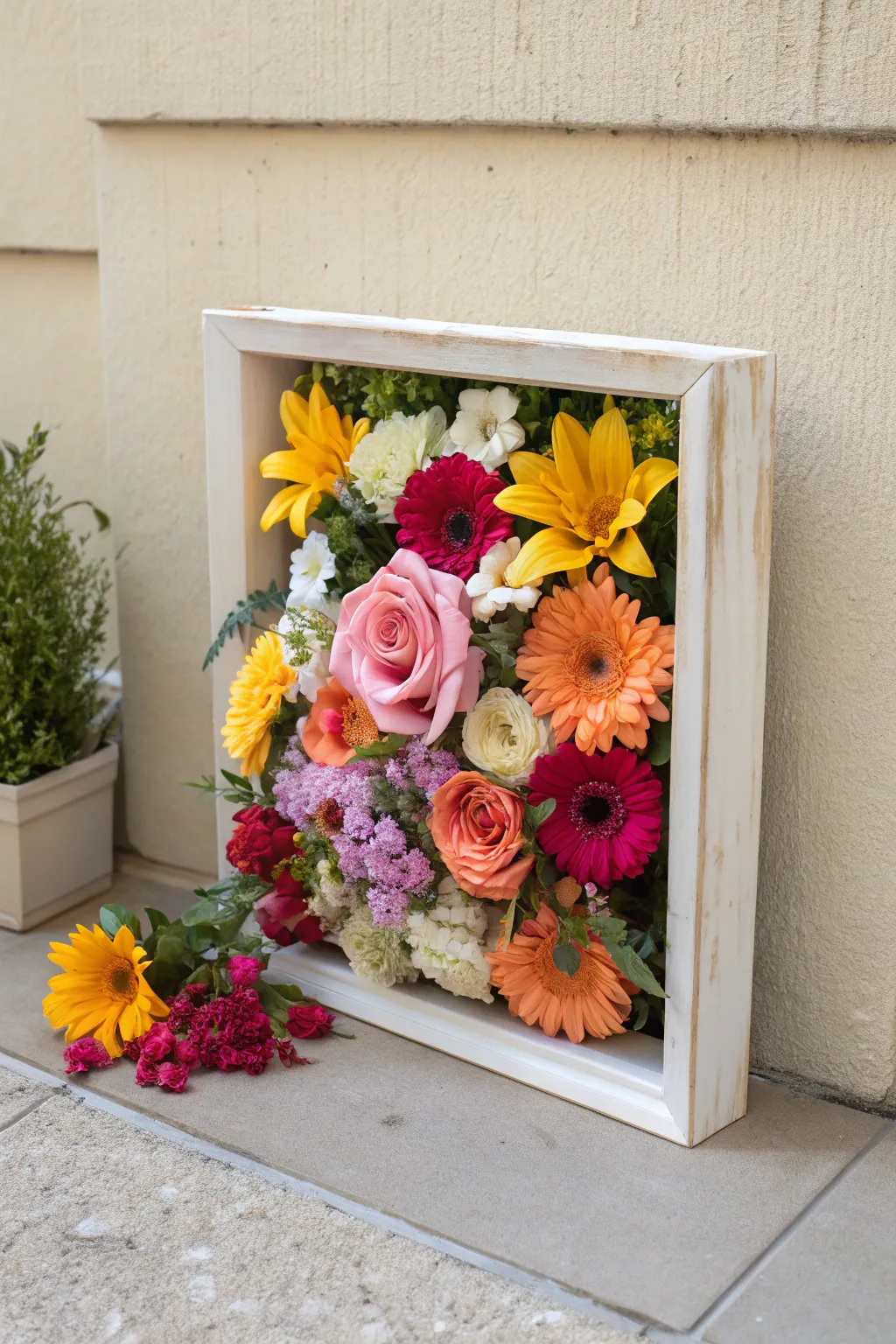 Add vibrant floral inserts to your box frames for a touch of nature.