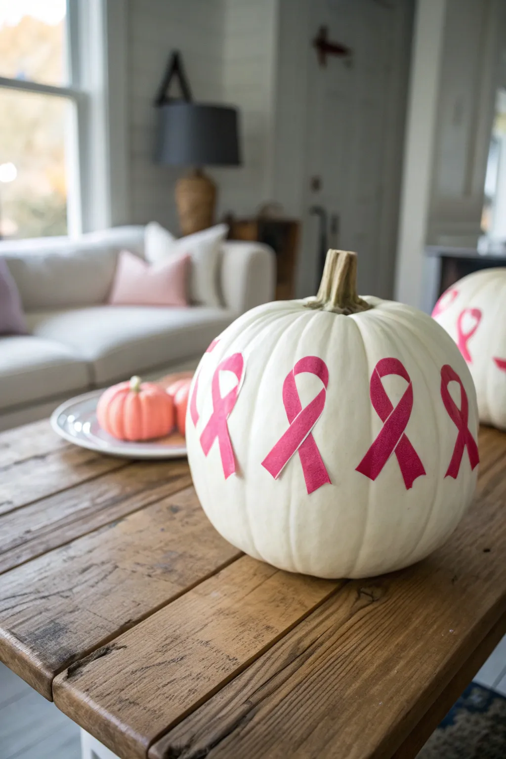 Celebrate awareness with style: pink ribbon decals transform a simple pumpkin into a bold statement piece.