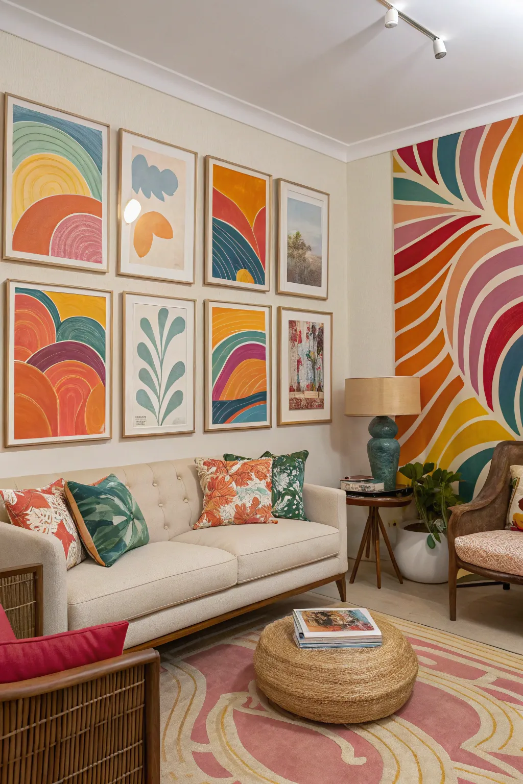 A room enriched by abstract wall art that complements its color scheme.