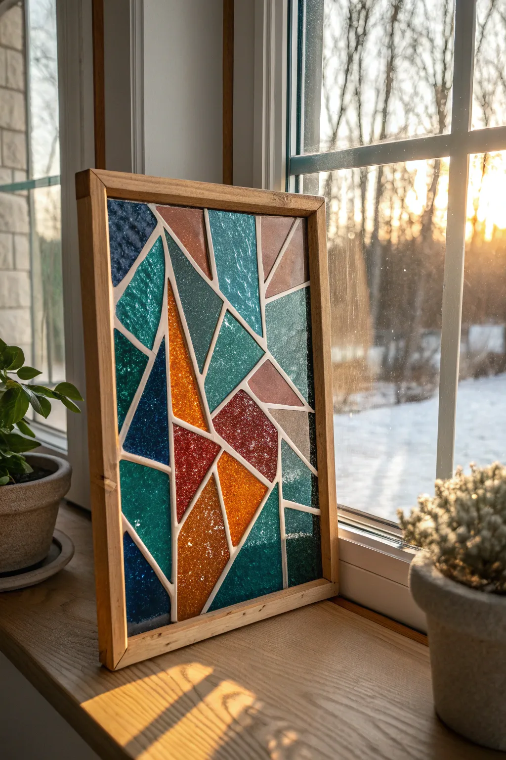 Transform sunlight into a spectrum of beauty with this broken glass window art panel. 🌈✨ #CraftedElegance #ScandiBoho #WindowArt