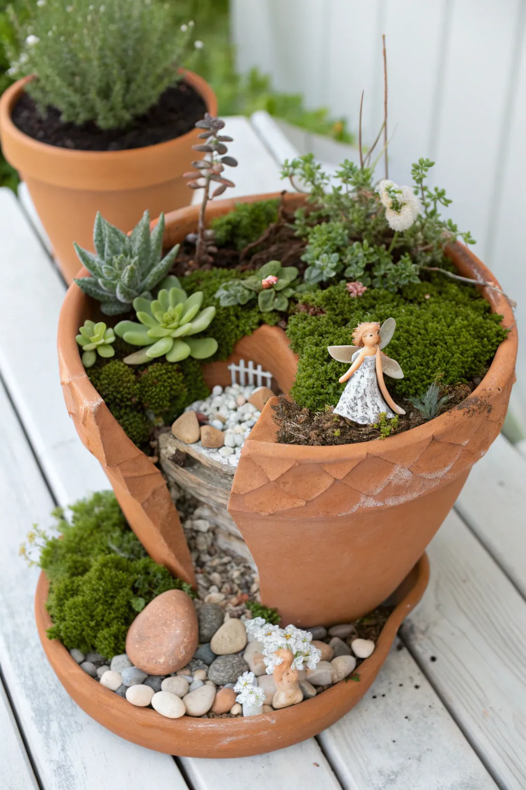 Discover the magic of fairy wonderlands in your garden with this enchanting broken pot planter idea!