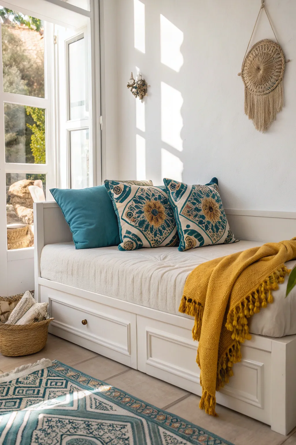 Transform your daybed with a splash of bold color and boho charm. #ScandiBohoStyle #DaybedDecor