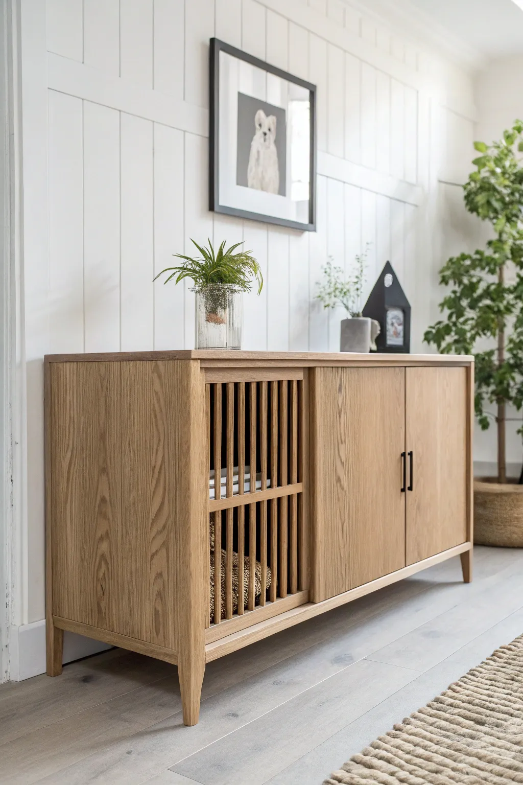 Elevate your living space with this chic sideboard that offers a cozy nook for your furry friend!