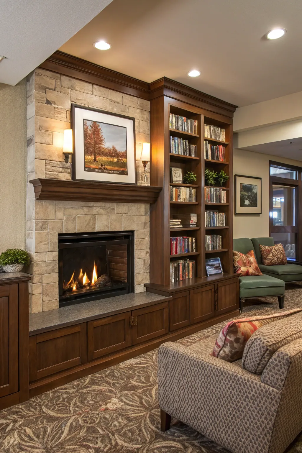 A reading nook adds a cozy dimension to this entertainment center.