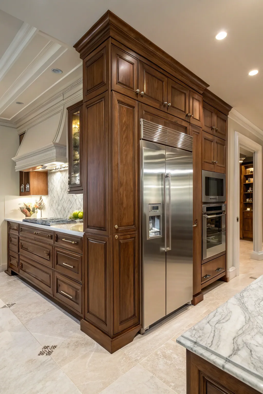 Custom cabinetry envelops the built-in fridge, creating a bespoke kitchen aesthetic.
