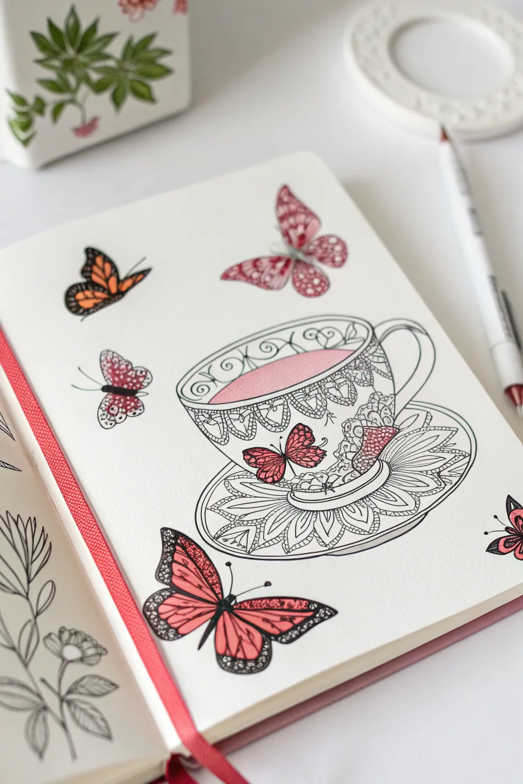 Add a dash of whimsy to your bullet journal with playful teacup and butterfly illustrations! #BulletJournal #CreativeCovers #MinimalistBeauty